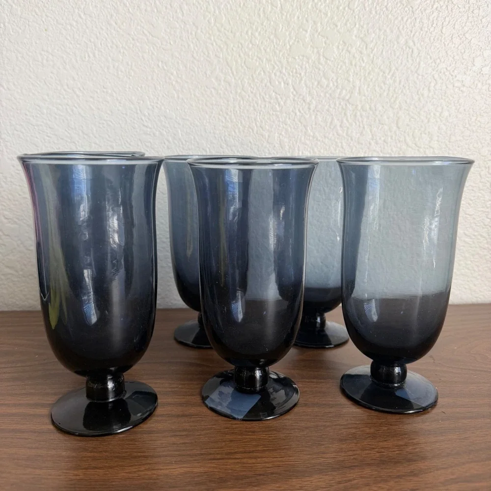 Pottery Barn Wine Water Goblets Glasses Blue Set of 6 Footed Tumblers NWT